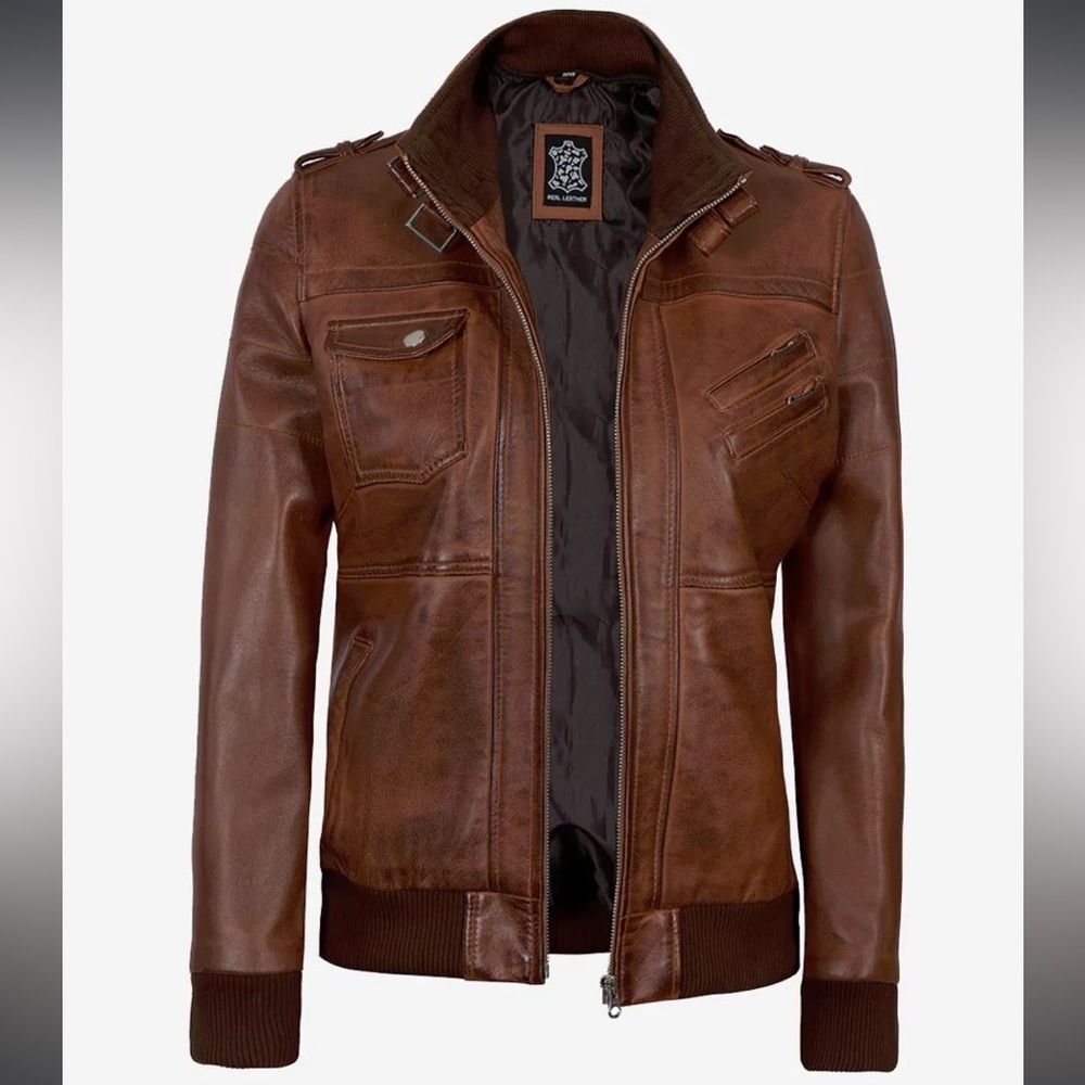 Women’s Brown Lambskin Leather Hooded Bomber Jacket - Picture 2 of 11